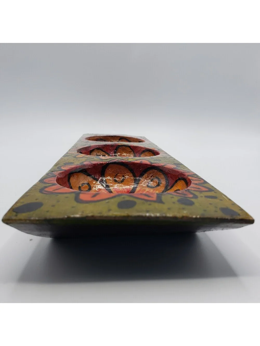 Hand Painted Divided Wood Tray Rectangle 3 Section Floral Boho Votive Holder